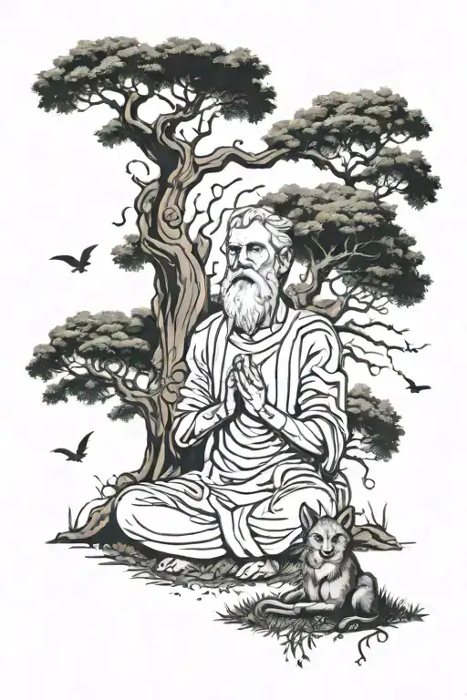 A Stoic Philosopher Meditating Under A Tree Surrounded By Mythical Creatures