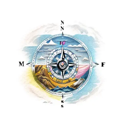 Bear With Compass And Mountain And Ocean