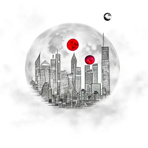 City Skyline With A Red Moon