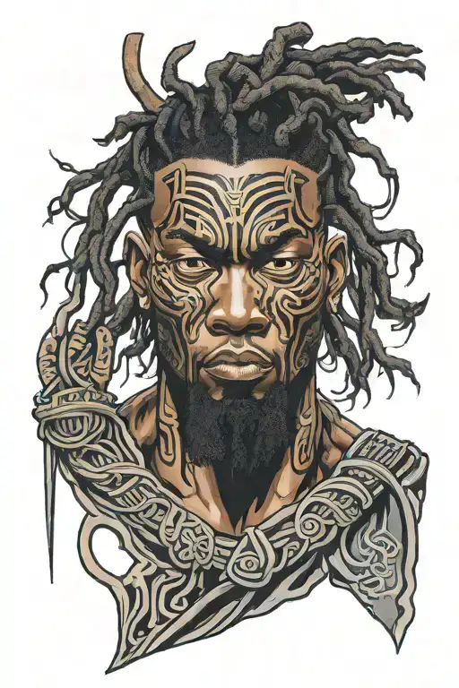Black Man With Locs Samurai Mask Split In Half Sleeve