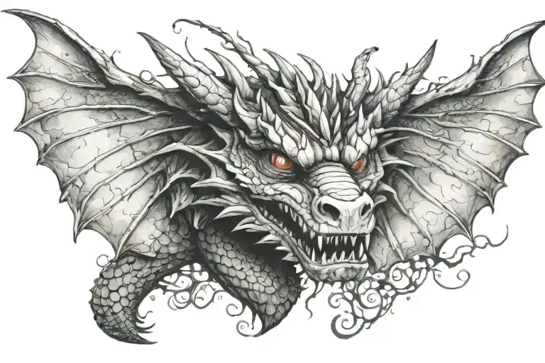 Dragon Head Tattoo Design In The Middle Of A Pair Of Wings