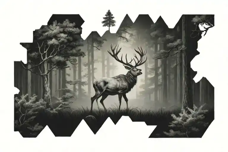 A Stag Walking Through A Dense Pine Forest