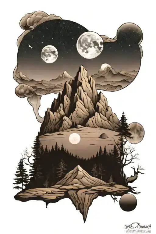Mountain Scene With A Partner Tattoo Moon Phases