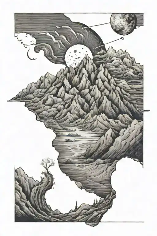 Single Mountain And Moon Surrounded By Straight Vertical Lines