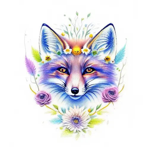 Spiritual Fox Vibrant Dimension With Flowers And Mushrooms And Berries
