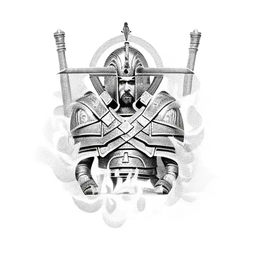 Shoulder Armor With Flaming Sword And Greek Word For Warrior