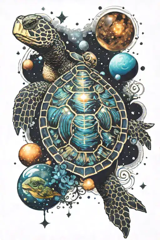 A Turtle Swimming Through A Star And Planet Filled Cosmos
