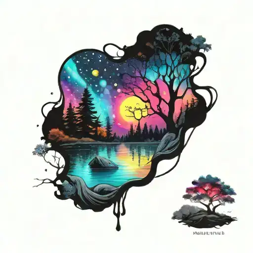 Dark Landscape With Trees And Water Over A Colorful Bright Galaxy Background