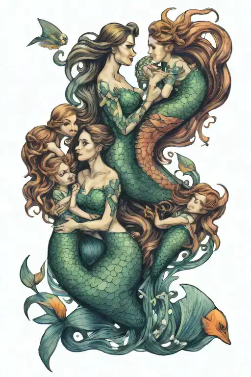 Mermaid With Two Daughters Sing Underwater And Prawns