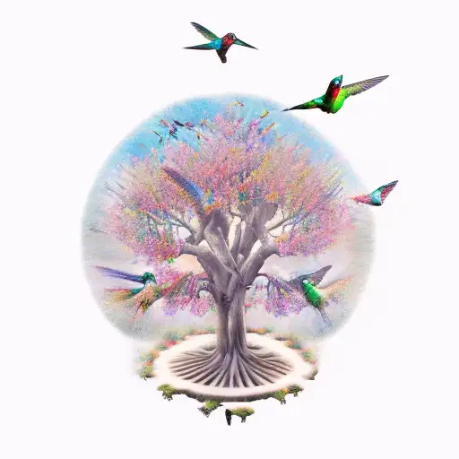 Tree Of Life With Hummingbirds Flying Around