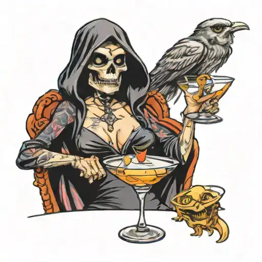 Pinup Drinking A Martini With The Grim Reaper