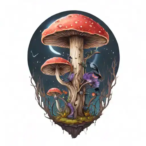 Colorful Mushroom With Ravens And Moon