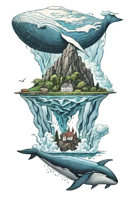 Iceberg With Island On Top And Deep Dark Blue Under Water With Large Blue Whale