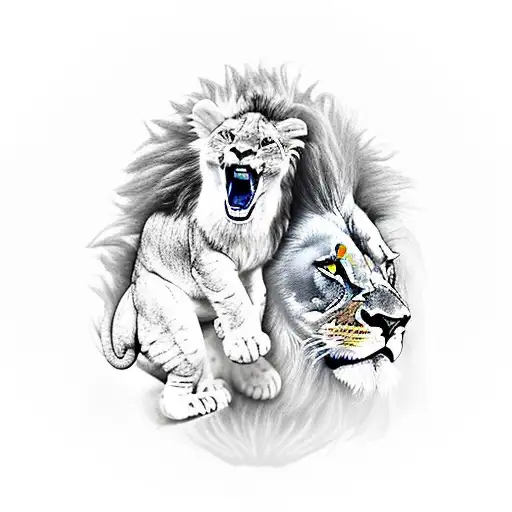 Lion Roaring With Lamb Laying Next To It And Dove Flying