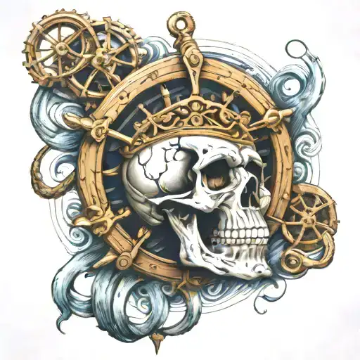 Ships Wheel Anchor Waves Skull