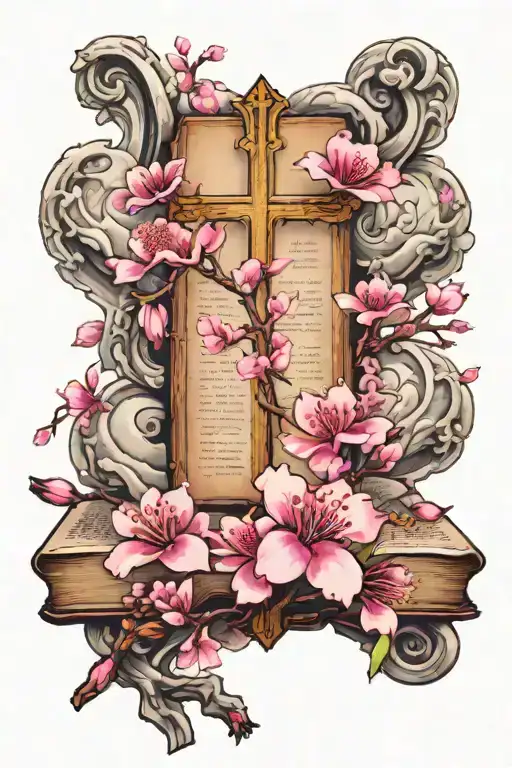 Bible Cross And Pink Sakura Flowers