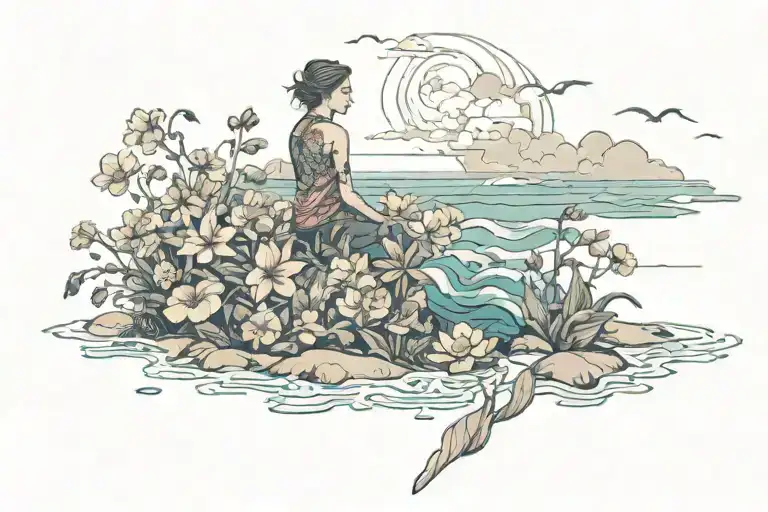 Lonely Person Surrounded By Flowers Near The Ocean During A Storm