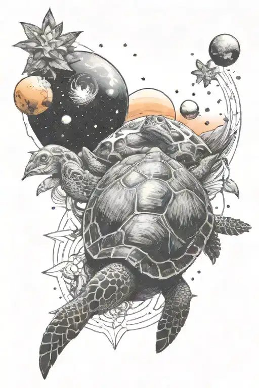 A Turtle Swimming Through A Star And Planet Filled Cosmos