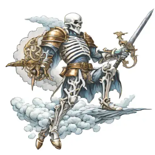 A White Skeleton In Armor Holding A Long Sword Pointing Down And Below His Feet Some Clouds