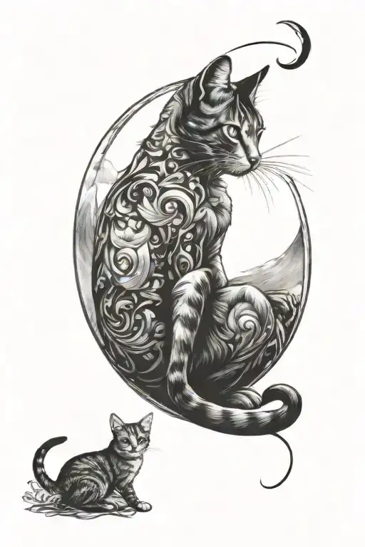 Cat Sitting Facing Forward Crescent Moon Rising