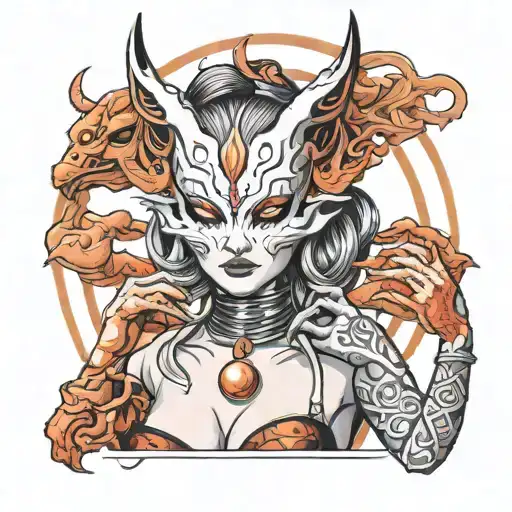 Katsune Demon Sexy Female Holding Mask Surrounded