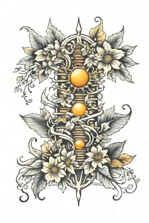 Feminine Spine Tattoo With Flowers And Sun