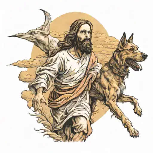 A Surrealism Tattoo Of Jesus Walking With A Dog