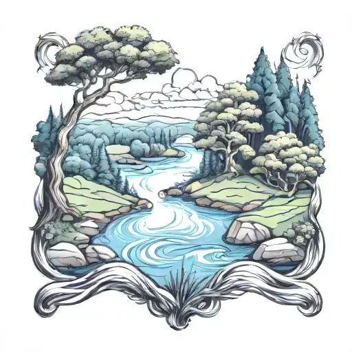 A River Flowing In A Forest Scene