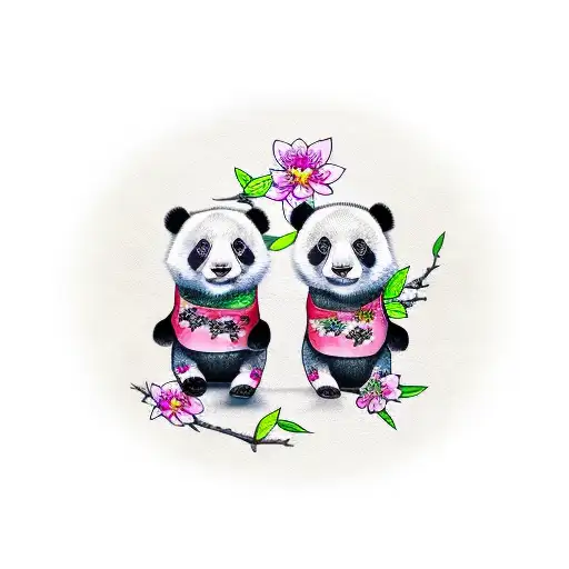 Panda Family With Cherry Blossom