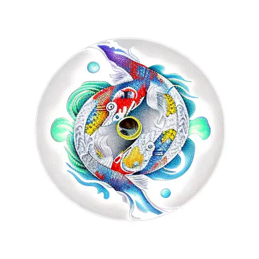 Yin And Yang With Koi Fish And The Letters Mk With Ocean Waves And Scales