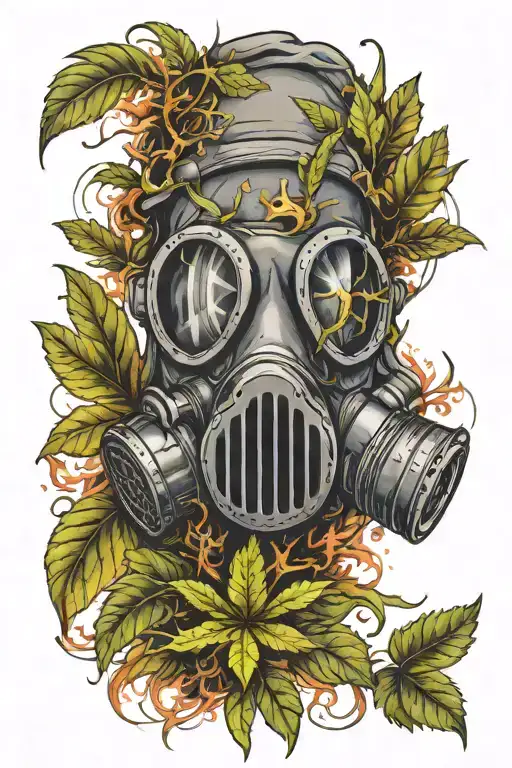 Apocalyptic Weed Leaf With A Gas Mask As Its Face With The Smoke Being A Cancer Ribbon