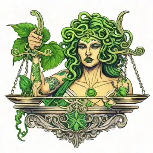 Libra Scale Weighing Justice Over Pain Seductive Medusa With Green Eyes
