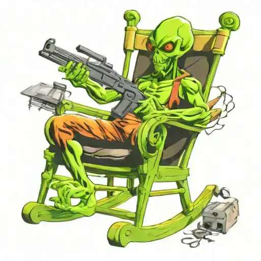 Green Alien With Shotgun In A Rocking Chair Looking