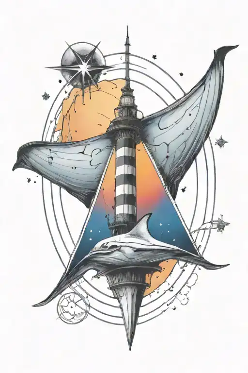Gemini Lighthouse Manta Ray With Triangle Shape Top And Bottom And Sunset And Southern Cross Stars