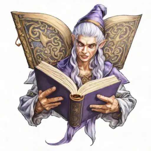 Fantasy Elf Purple Eyes Sliver Hair Tattoo Holding Open Book