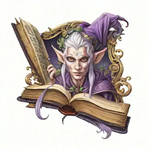 Fantasy Elf Purple Eyes Sliver Hair Tattoo Holding Open Book