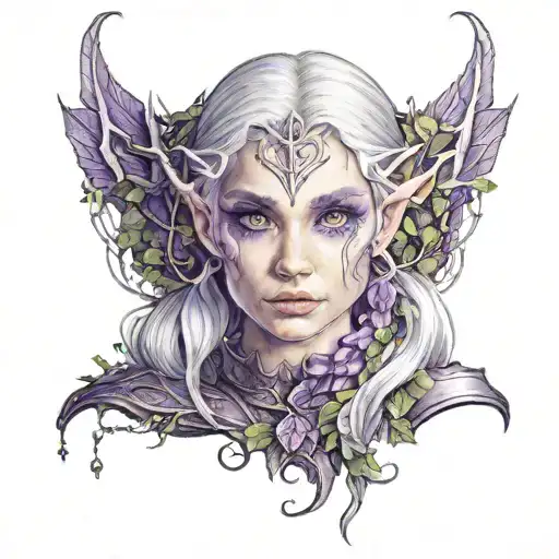 Fantasy Female Elf Purple Eyes Sliver Hair In Woodland