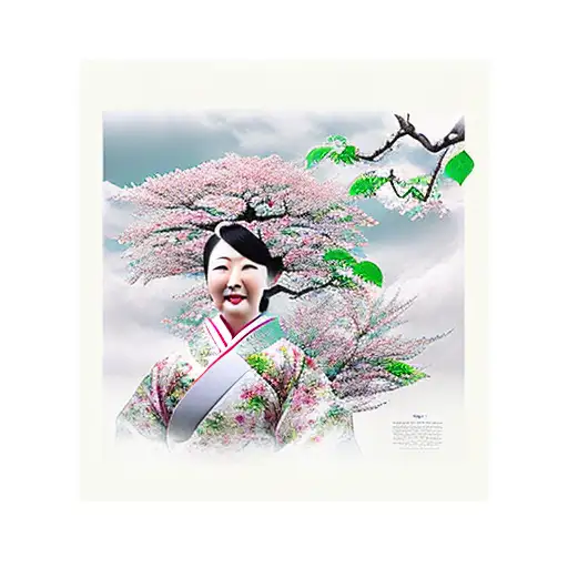 Traditional Japanese Lady In Front Of A Photo Realistic Cherry Blossom Tree