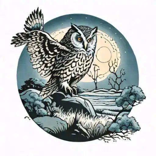 An Owl Flying Above A Person Meditating On A Grassy Field Under The Light Of A Blue Moon