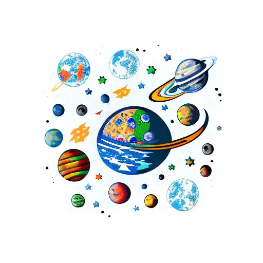 Trash Polka Space Themed Tattoo With Planets And Astronaut