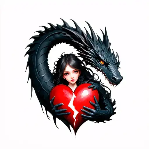 Tattoo Of A Black Dragon Wrapped Around A Broken Heart Held By An Anime Girl