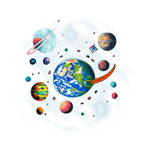 Trash Polka Space Themed Tattoo With Planets And Astronaut