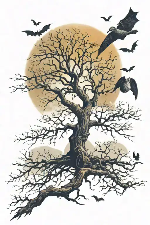 A Poison Tree With No Leaves With The Moon Over The Tree With Lots Of Bats