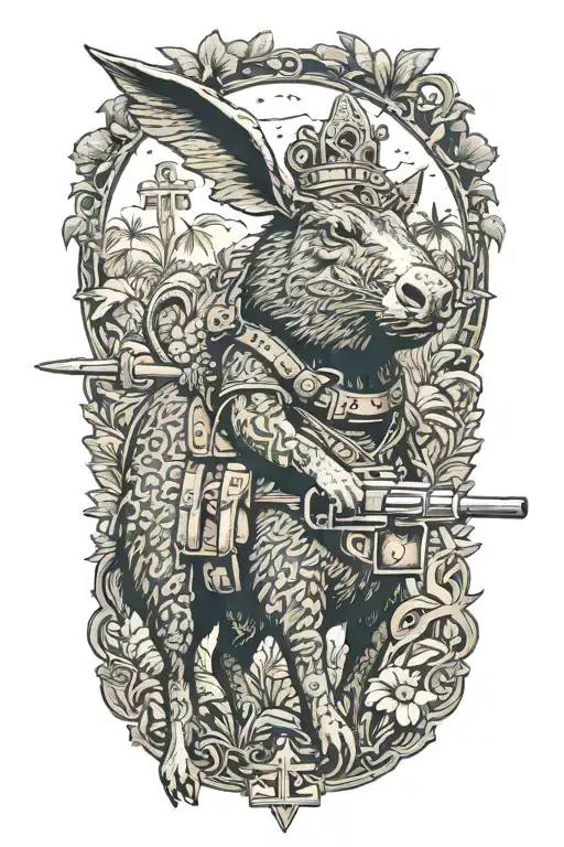 Curupira Riding Collared Peccary With A Crucifix And Gun In Jungle