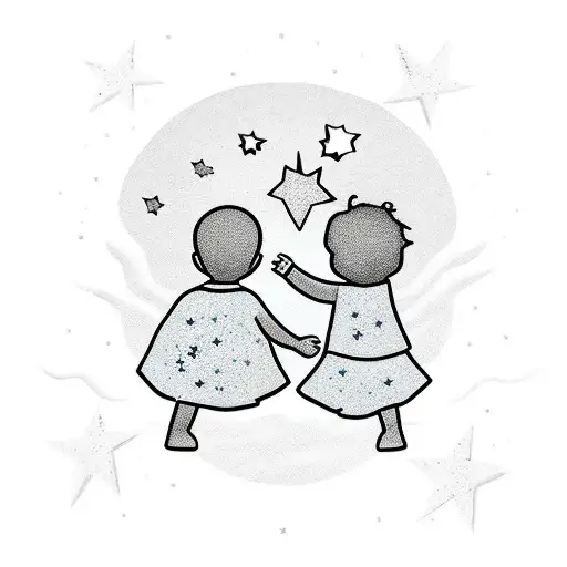 Little Boy And Girl Holding Hand Reaching For Stars