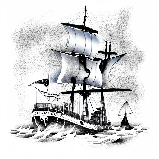 Man-of-war Ship In Dark Stormy Seas With Huge Grim Reaper In The Water