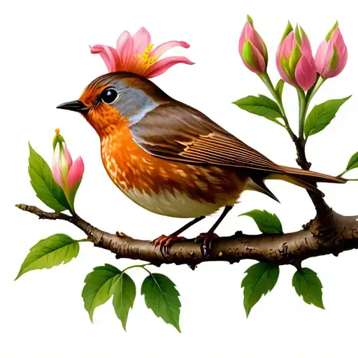 Robin Sitting On Branch With One Flower And Three Budding Flowers