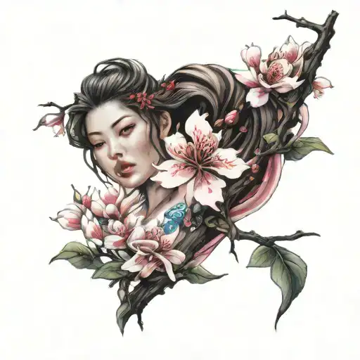 Jormagandr Wrapped Around Cherry Blossom In Chinese Syle