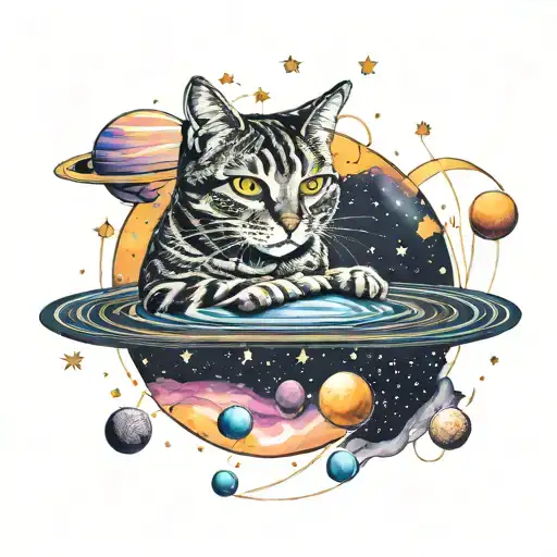 A Cosmic Scene With A Cat Floating Among Planets And Stars In Outer Space