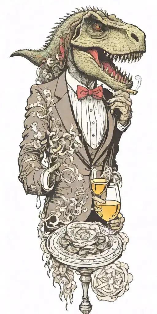 Aquarius Zodiac Sign Entangled With A T-rex In A Tuxedo Serving Wine And Smoking A Cigarette